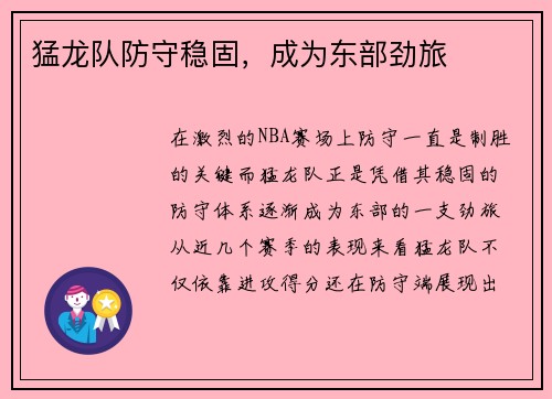 猛龙队防守稳固，成为东部劲旅