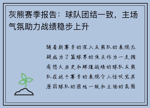灰熊赛季报告：球队团结一致，主场气氛助力战绩稳步上升